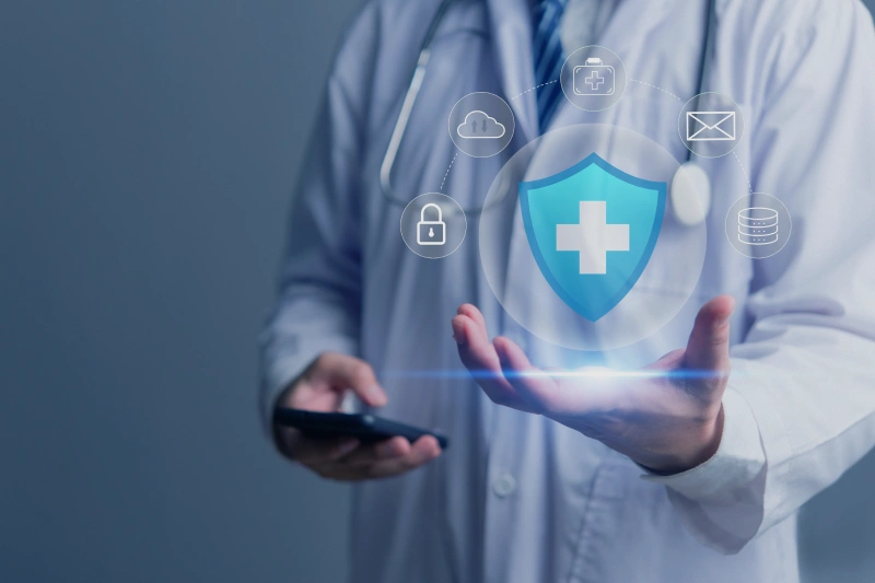Secure health data concept with doctor and shield interface