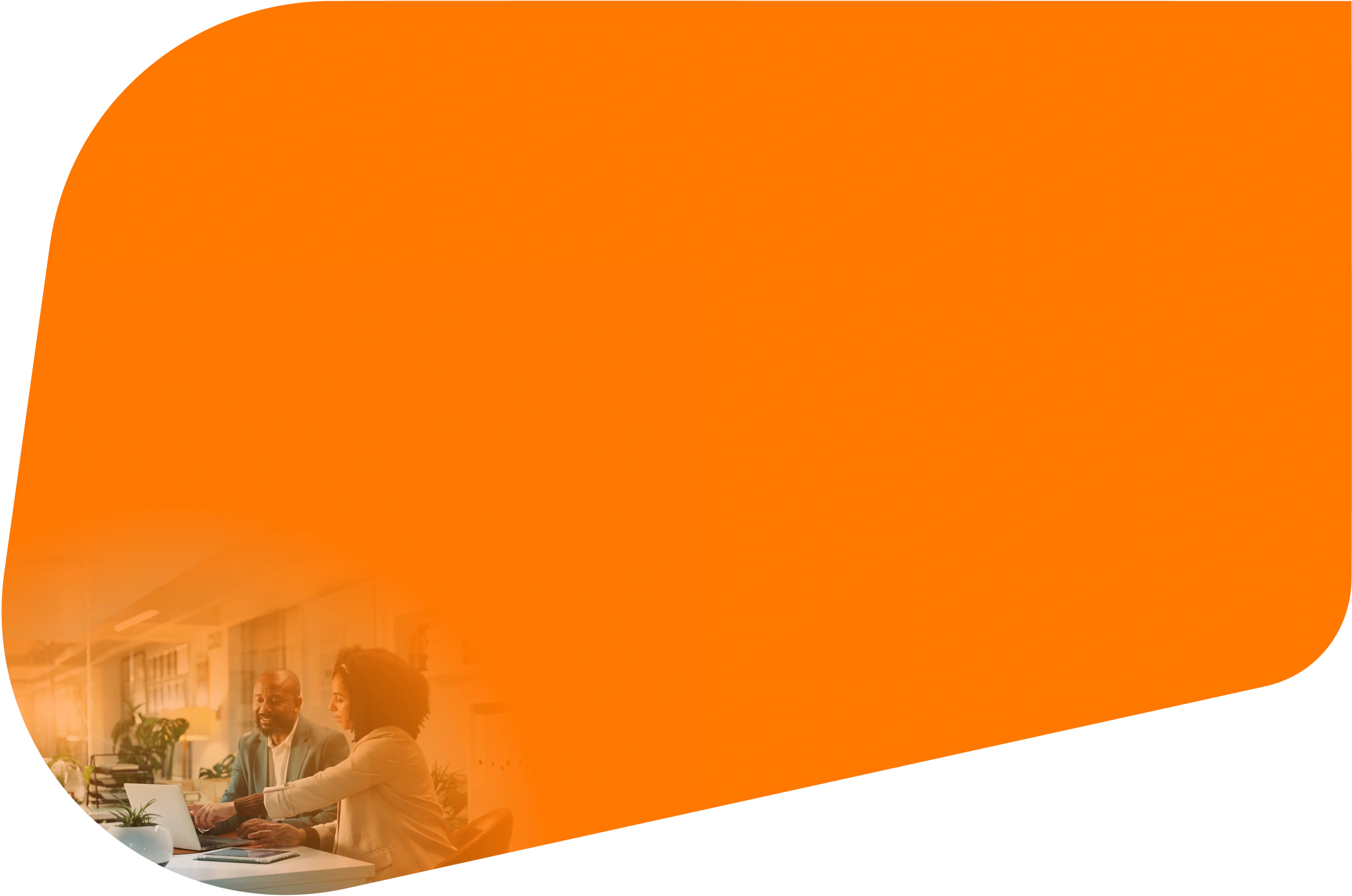 two people talking at a desk with an orange graphic overlay