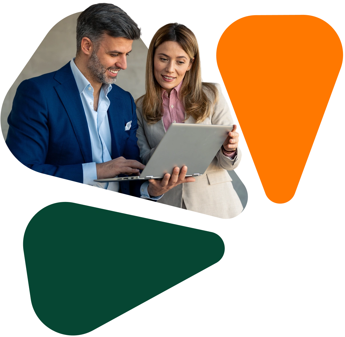Two professionals reviewing a laptop together with abstract geometric shapes