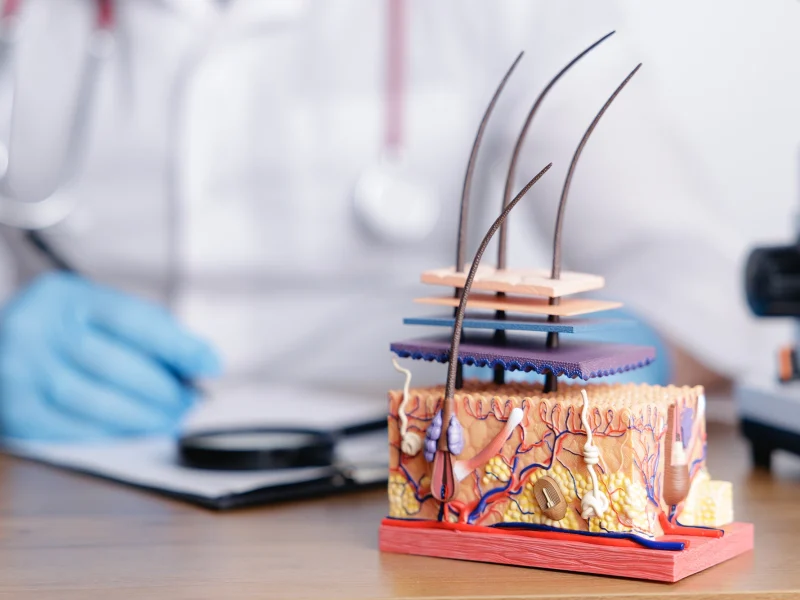 Detailed hair follicle and scalp anatomy model on medical examination desk